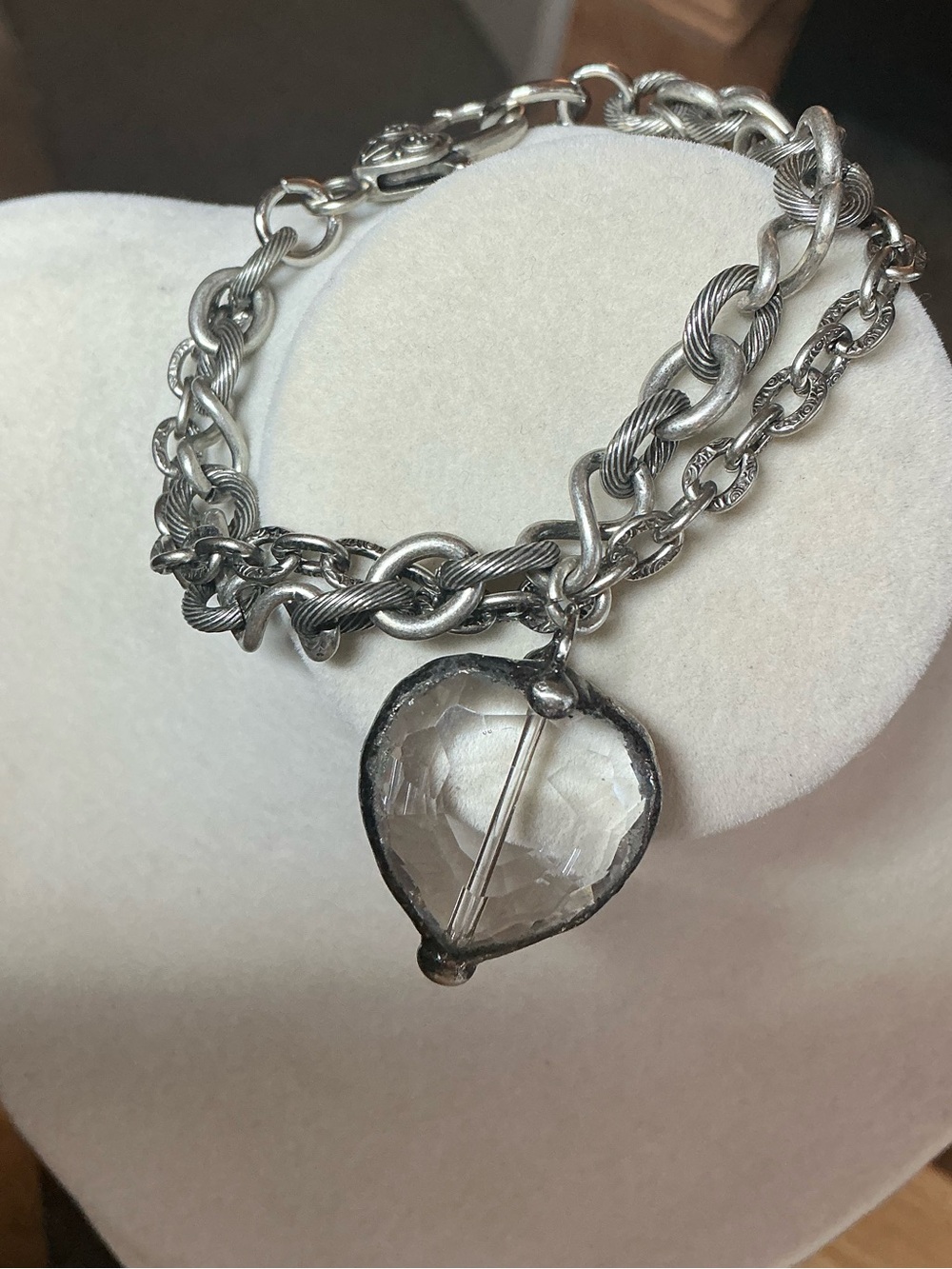 Double Antique Silver Chain Bracelet with Clear Crystal Heart - Picture 2 of 4